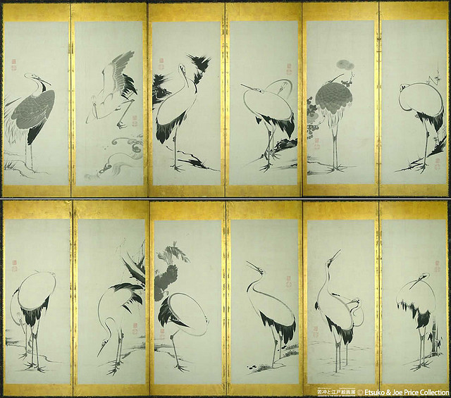 定価安い金砂子 丸窓（鏡） 若松に鶴図 二枚折 一双 屏風 高さ 約104cm 紙本肉筆 無落款 花鳥図 日本画 花鳥、鳥獣